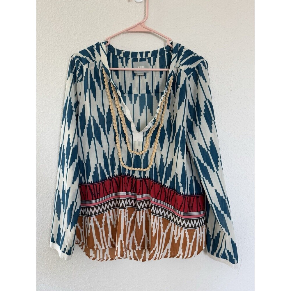 Maeve Tribal Print Henley Blouse Split Neck Aztec Top Size 10 Pom Pom Fringe